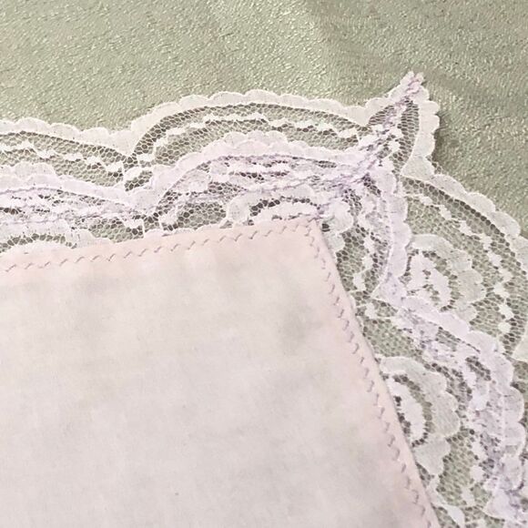 Vintage 1960s Handmade Ladies Lacy Handkerchief in Lavender w/Ribbon & Beads - Picture 8 of 9